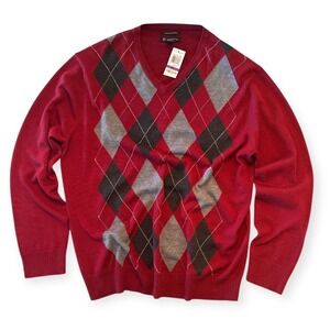 NWT INC Men's V-Neck Wool Sweater XXL Italian Spun Argyle Red Maraschino Italian